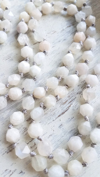 LOVE YOU TO THE MOON AND BACK. Moonstone Gemstone Necklace. Full Mala 108 Beads. Mindful Jewelry.