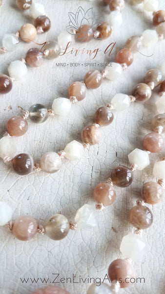 DIVINE FEMININE. Peach & White Moonstone Gemstone Necklace. Full Mala 108 Beads. Mindful Jewelry.