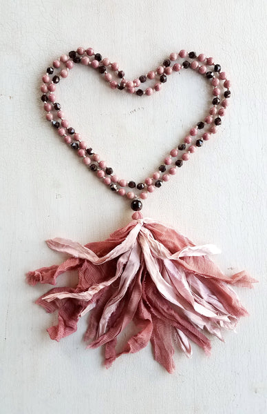 PASSION. Red Garnet & Pink Rhodonite Gemstone Necklace. Full Mala 108 Beads. Mindful Jewelry.