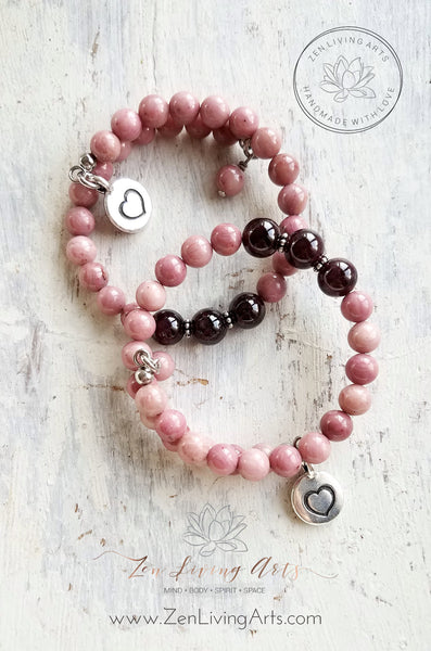 PASSION. Red Garnet and Rhodonite Quarter Mala Gemstone Bracelet 27 Beads. Mindful Jewelry.