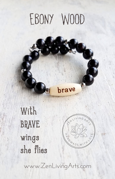 BRAVE. Engraved Wood and Black Ebony Wood Beaded Bracelet. Inspirational Quote Jewelry.