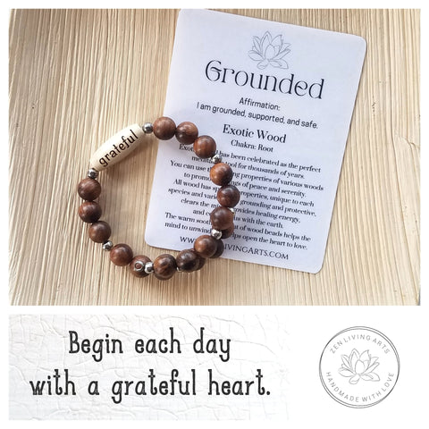 GRATEFUL. Engraved Wood Beaded Bracelet. Adjustable Memory Wire. Inspirational Quote Jewelry.