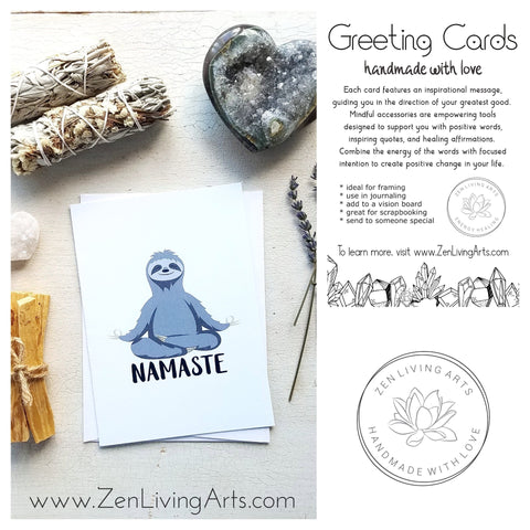 NAMASTE. Meditating Sloth Art Print. Inspirational Greeting Card & Envelope. Size 5x7.