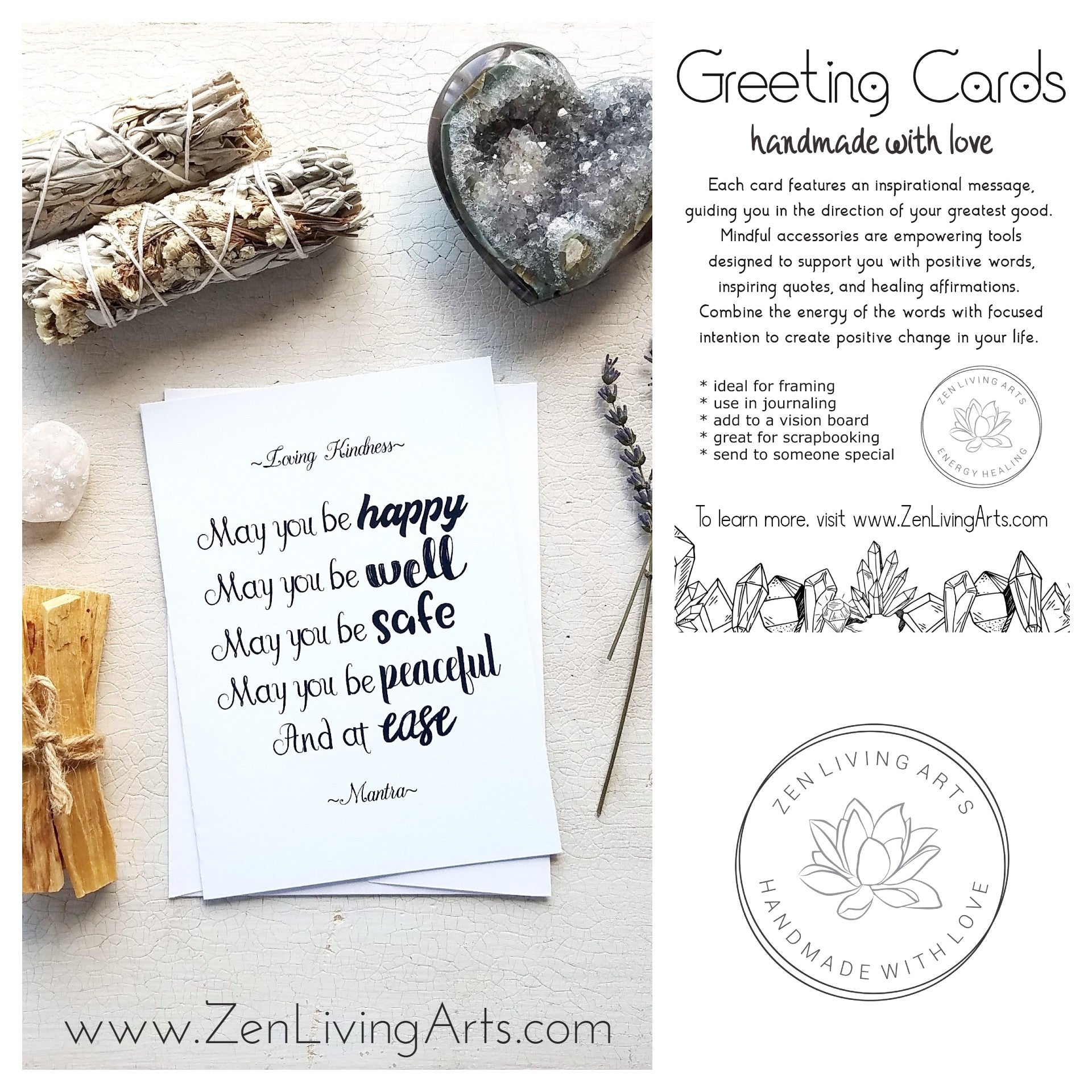 LOVING KINDNESS MANTRA. Art Print. Inspirational Greeting Card & Envelope. Size 5x7.