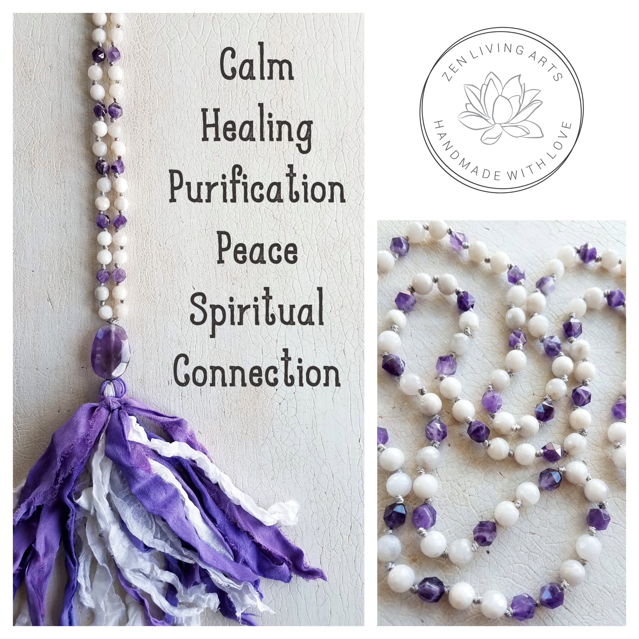 CALM THE MIND. Amethyst & White Agate Gemstone Necklace. Full Mala 108 Beads. Mindful Jewelry.