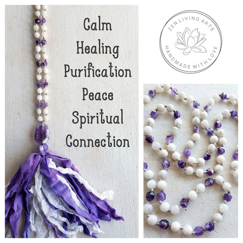 CALM THE MIND. Amethyst & White Agate Gemstone Necklace. Full Mala 108 Beads. Mindful Jewelry.