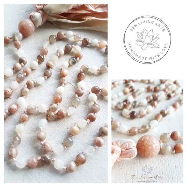 DIVINE FEMININE. Peach & White Moonstone Gemstone Necklace. Full Mala 108 Beads. Mindful Jewelry.