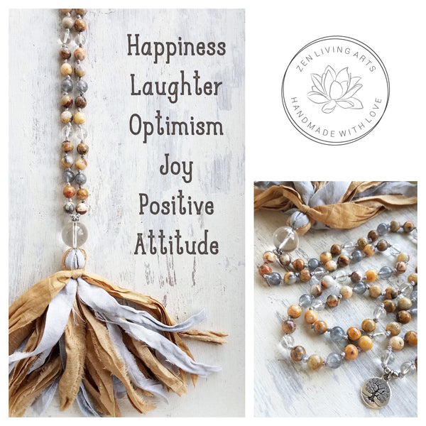 HAPPY THOUGHTS. Crazy Lace Agate & Clear Quartz Gemstone Necklace. Full Mala 108 Beads. Mindful Jewelry.