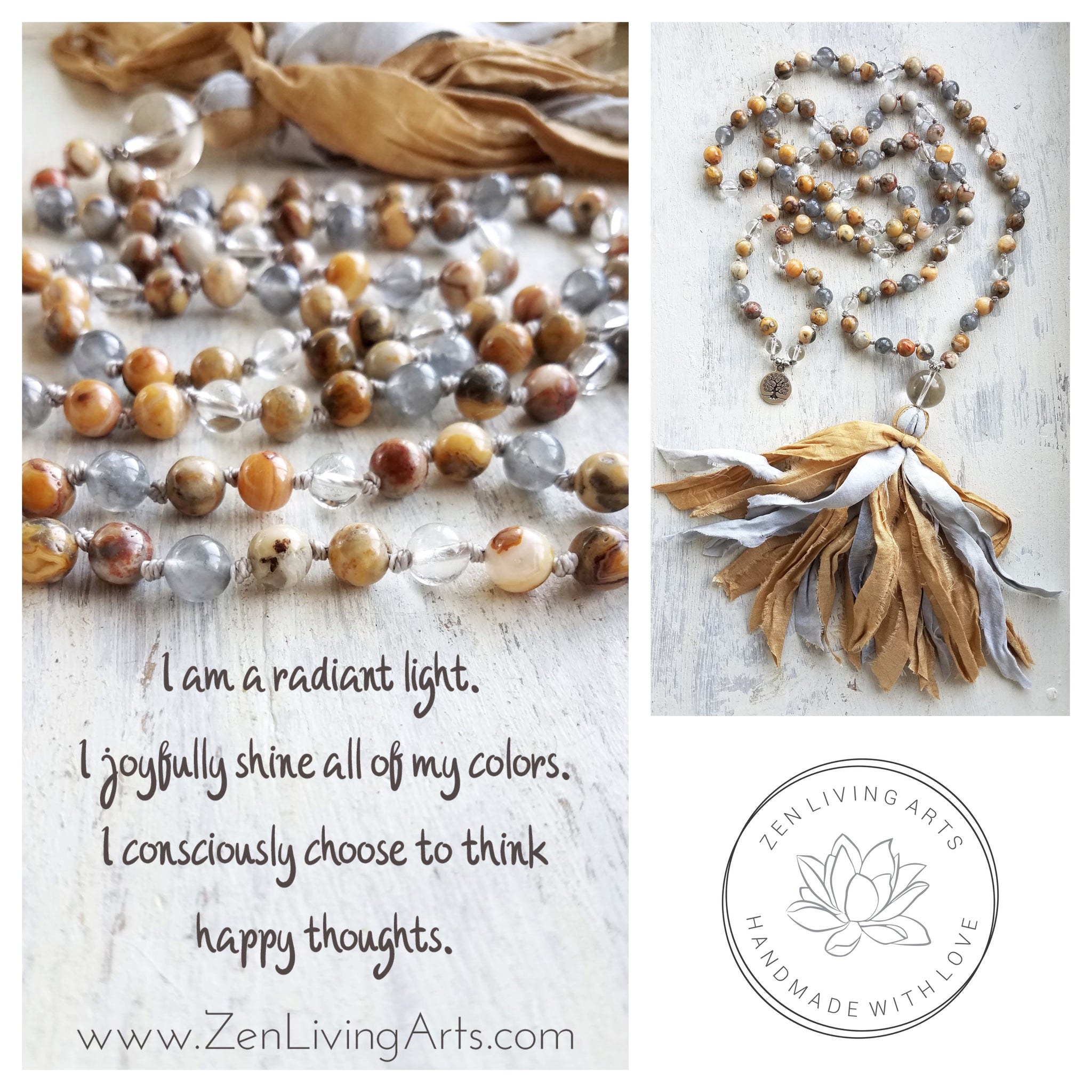 HAPPY THOUGHTS. Crazy Lace Agate & Clear Quartz Gemstone Necklace. Full Mala 108 Beads. Mindful Jewelry.