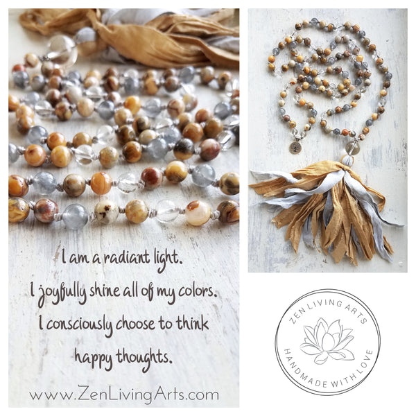 HAPPY THOUGHTS. Crazy Lace Agate & Clear Quartz Gemstone Necklace. Full Mala 108 Beads. Mindful Jewelry.