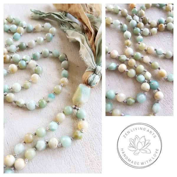HARMONY. Amazonite Gemstone Necklace. Full Mala 108 Beads. Mindful Jewelry.