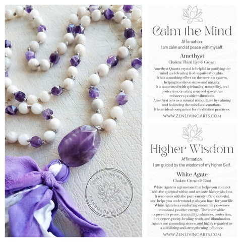 CALM THE MIND. Amethyst & White Agate Gemstone Necklace. Full Mala 108 Beads. Mindful Jewelry.