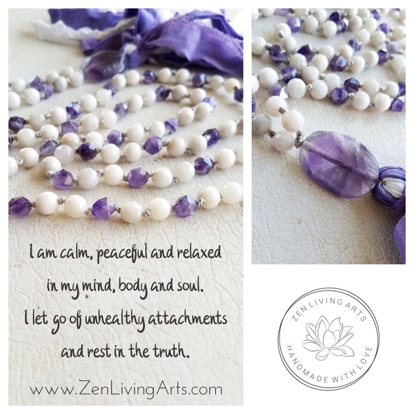 CALM THE MIND. Amethyst & White Agate Gemstone Necklace. Full Mala 108 Beads. Mindful Jewelry.