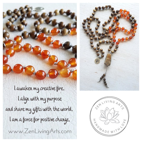CREATIVE SOUL. Sandalwood & Orange Carnelian Gemstone Necklace. Full Mala 108 Beads. Mindful Jewelry.