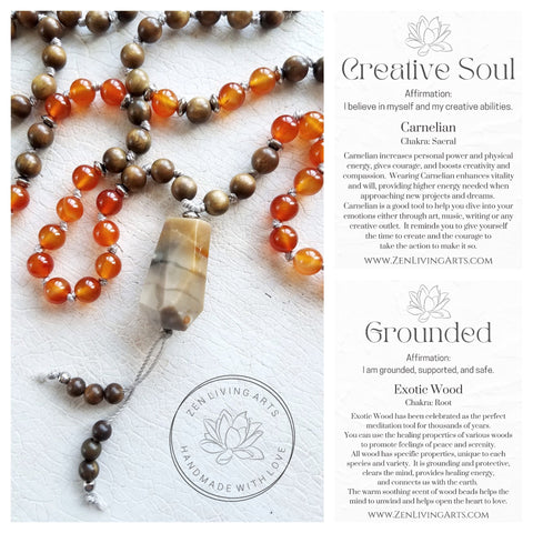 CREATIVE SOUL. Sandalwood & Orange Carnelian Gemstone Necklace. Full Mala 108 Beads. Mindful Jewelry.