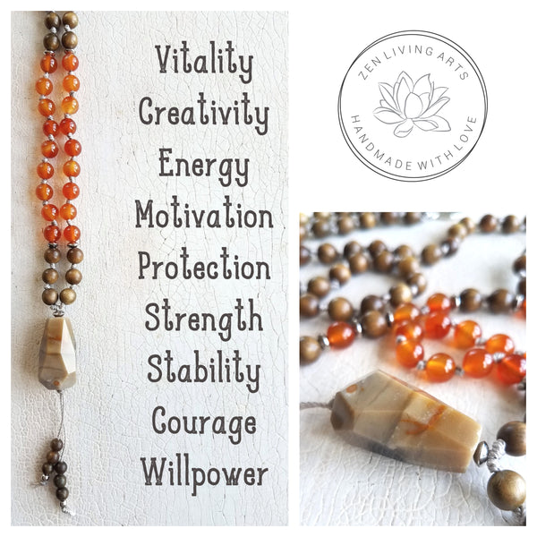 CREATIVE SOUL. Sandalwood & Orange Carnelian Gemstone Necklace. Full Mala 108 Beads. Mindful Jewelry.