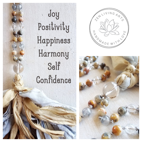CHOOSE JOY. Crazy Lace Agate & Clear Quartz Gemstone Necklace. Full Mala 108 Beads. Mindful Jewelry.