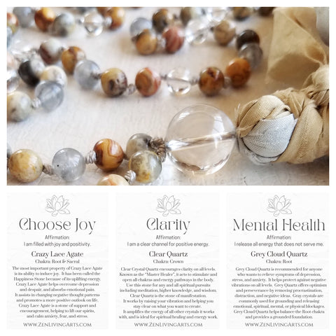 CHOOSE JOY. Crazy Lace Agate & Clear Quartz Gemstone Necklace. Full Mala 108 Beads. Mindful Jewelry.