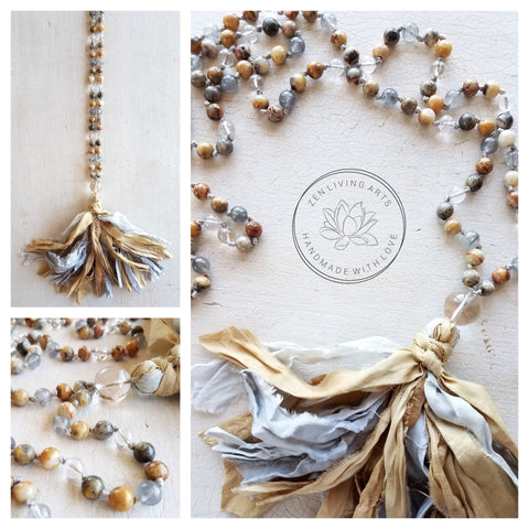 CHOOSE JOY. Crazy Lace Agate & Clear Quartz Gemstone Necklace. Full Mala 108 Beads. Mindful Jewelry.