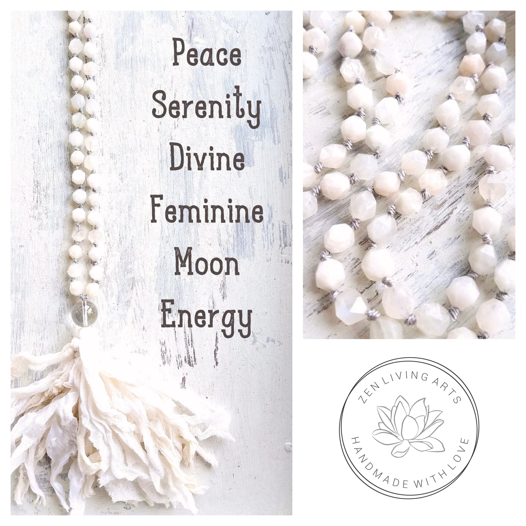ILLUMINATION. Creamy White Iridescent Moonstone Gemstone Necklace. Full Mala 108 Beads. Mindful Jewelry.