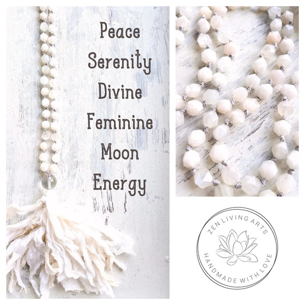 ILLUMINATION. Creamy White Iridescent Moonstone Gemstone Necklace. Full Mala 108 Beads. Mindful Jewelry.