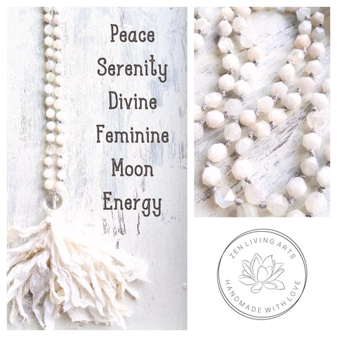 ILLUMINATION. Creamy White Iridescent Moonstone Gemstone Necklace. Full Mala 108 Beads. Mindful Jewelry.