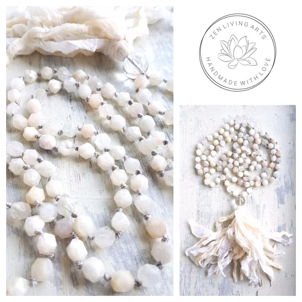 ILLUMINATION. Creamy White Iridescent Moonstone Gemstone Necklace. Full Mala 108 Beads. Mindful Jewelry.