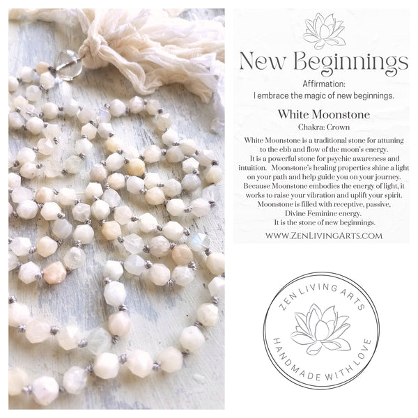 ILLUMINATION. Creamy White Iridescent Moonstone Gemstone Necklace. Full Mala 108 Beads. Mindful Jewelry.