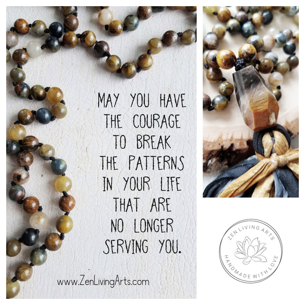 COURAGE. Blue Tiger's Eye & Petrified Wood Gemstone Necklace. Full Mala 108 Beads. Mindful Jewelry.