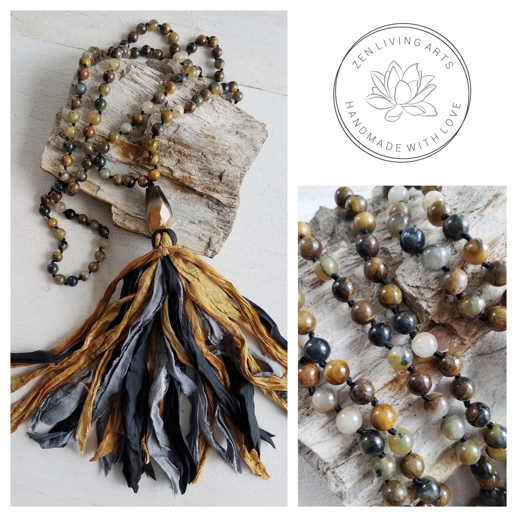 COURAGE. Blue Tiger's Eye & Petrified Wood Gemstone Necklace. Full Mala 108 Beads. Mindful Jewelry.