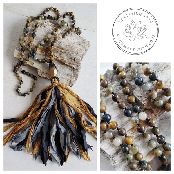 COURAGE. Blue Tiger's Eye & Petrified Wood Gemstone Necklace. Full Mala 108 Beads. Mindful Jewelry.