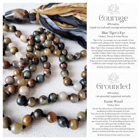 COURAGE. Blue Tiger's Eye & Petrified Wood Gemstone Necklace. Full Mala 108 Beads. Mindful Jewelry.