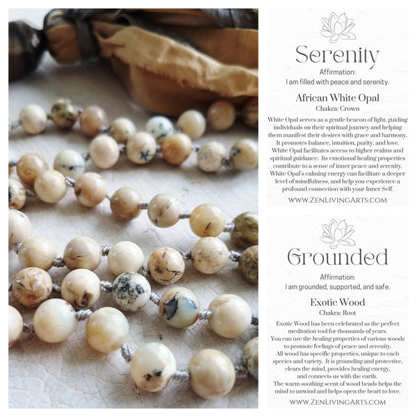 SERENITY. African White Opal & Petrified Wood Gemstone Necklace. Full Mala 108 Beads. Mindful Jewelry.