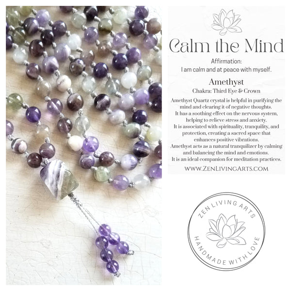 PEACE WITHIN. Chevron Amethyst Quartz Gemstone Necklace. Full Mala 108 Beads. Mindful Jewelry.