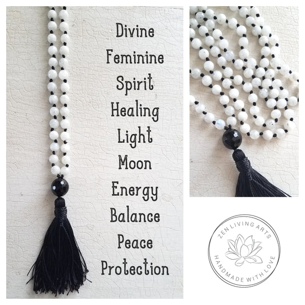 NEW MOON ENERGY. White Iridescent Moonstone & Black Agate Gemstone Necklace. Full Mala 108 Beads. Mindful Jewelry.
