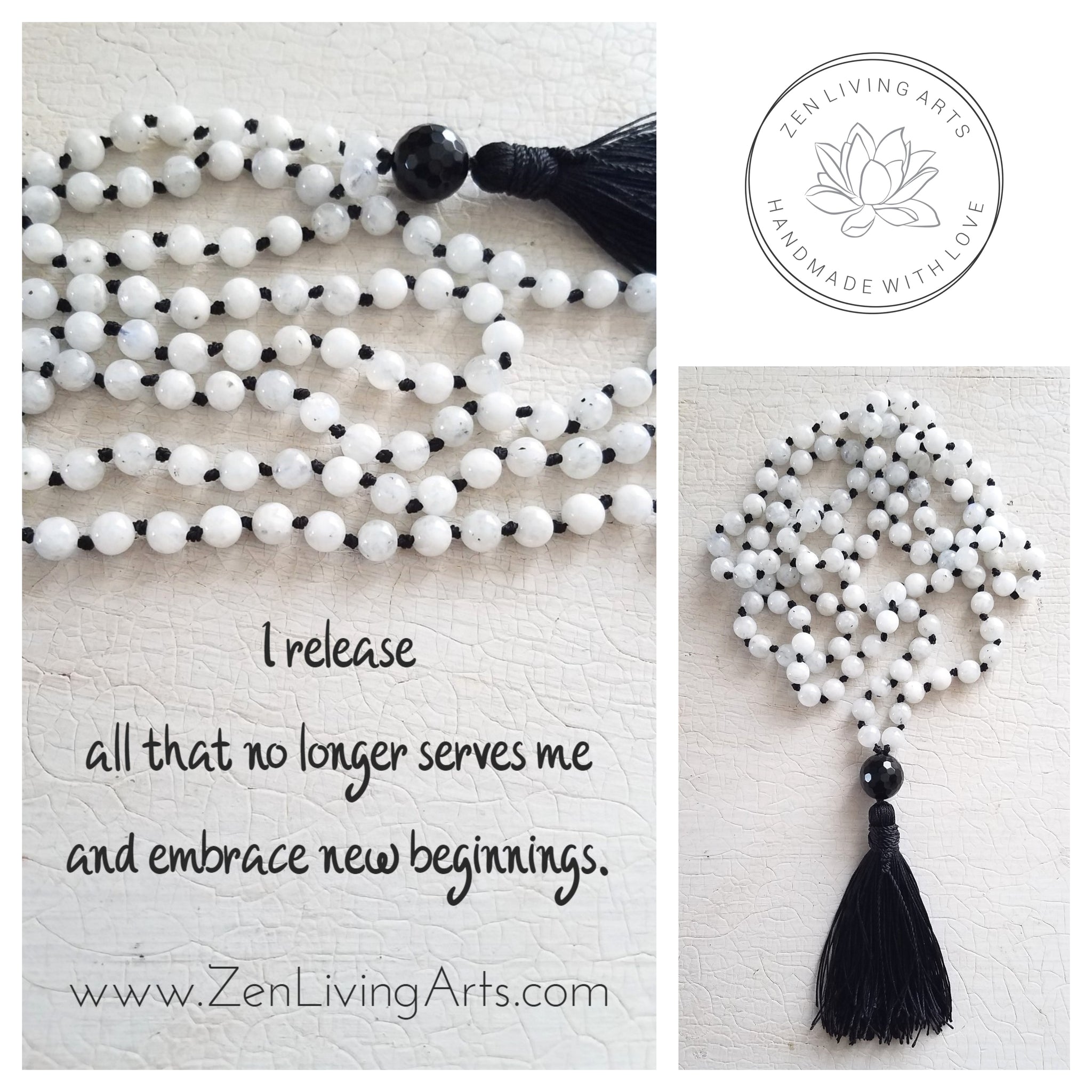 NEW MOON ENERGY. White Iridescent Moonstone & Black Agate Gemstone Necklace. Full Mala 108 Beads. Mindful Jewelry.