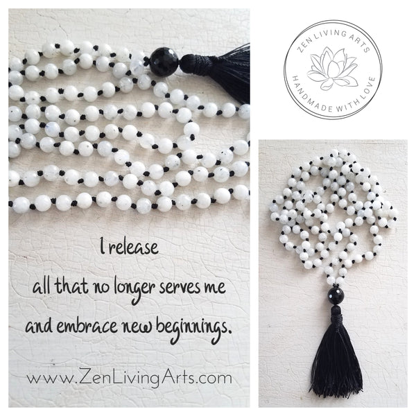 NEW MOON ENERGY. White Iridescent Moonstone & Black Agate Gemstone Necklace. Full Mala 108 Beads. Mindful Jewelry.