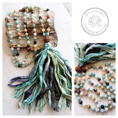 SPEAK YOUR TRUTH. Amazonite Gemstone & Rudraksha Seed Necklace. Full Mala 108 Beads. Mindful Jewelry.