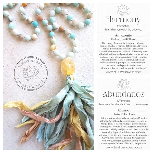 SELF-EXPRESSION. Amazonite & Citrine Crystal Gemstone Necklace. Full Mala 108 Beads. Mindful Jewelry.