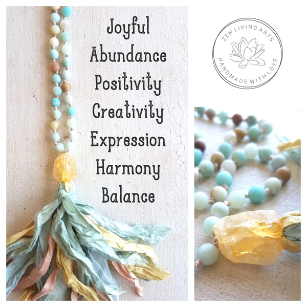 SELF-EXPRESSION. Amazonite & Citrine Crystal Gemstone Necklace. Full Mala 108 Beads. Mindful Jewelry.