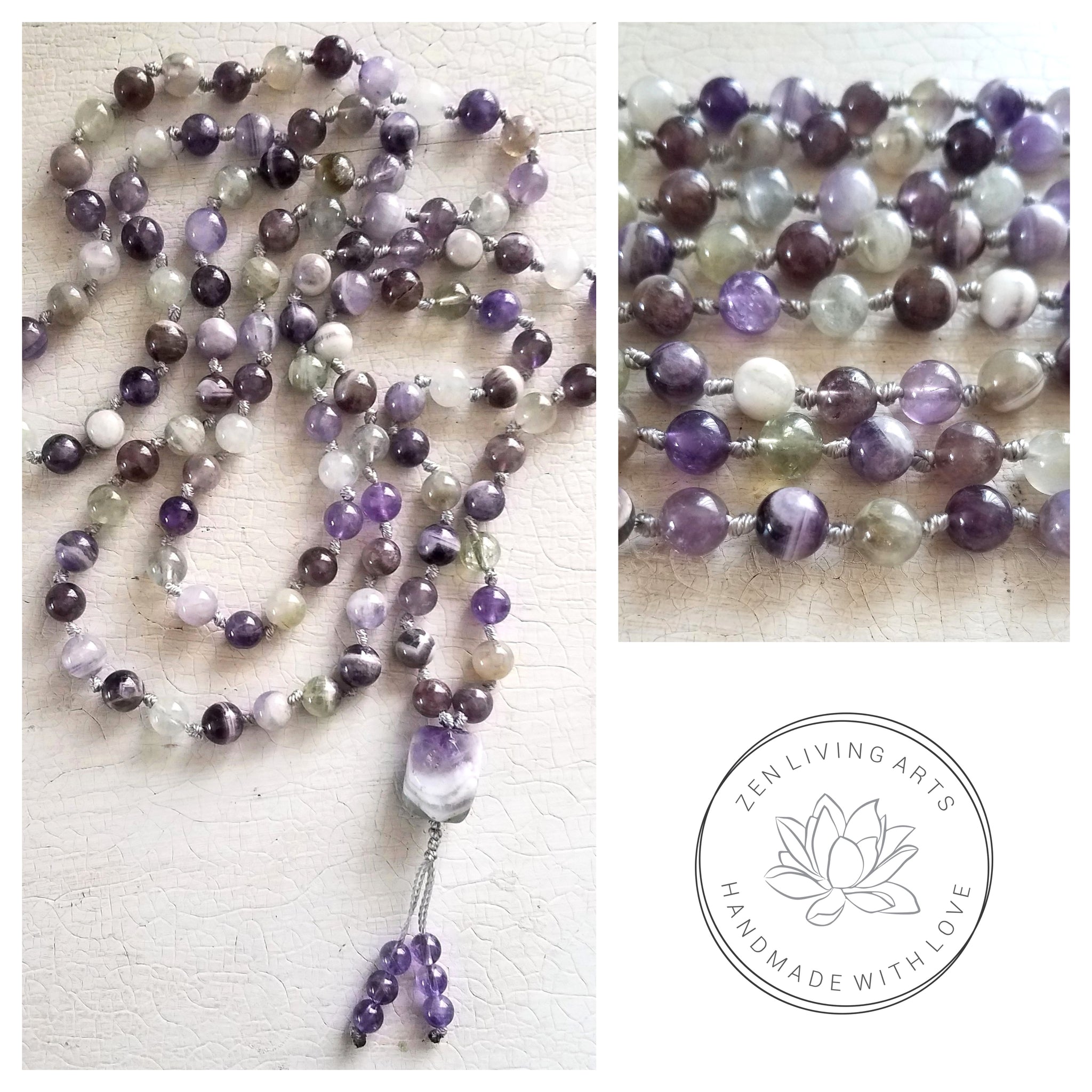 PEACE WITHIN. Chevron Amethyst Quartz Gemstone Necklace. Full Mala 108 Beads. Mindful Jewelry.