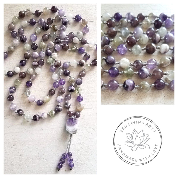 PEACE WITHIN. Chevron Amethyst Quartz Gemstone Necklace. Full Mala 108 Beads. Mindful Jewelry.