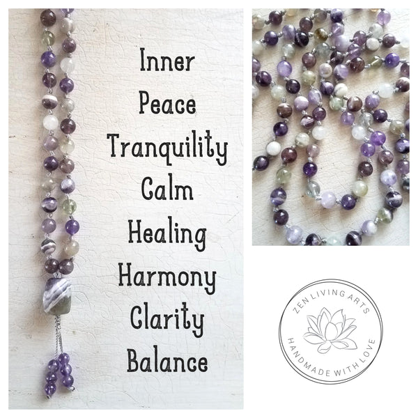 PEACE WITHIN. Chevron Amethyst Quartz Gemstone Necklace. Full Mala 108 Beads. Mindful Jewelry.