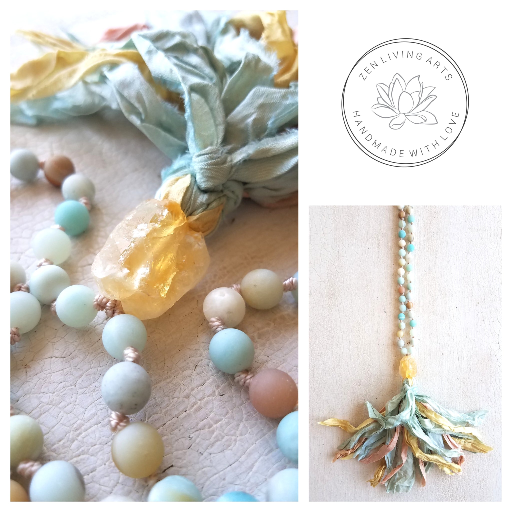 SELF-EXPRESSION. Amazonite & Citrine Crystal Gemstone Necklace. Full Mala 108 Beads. Mindful Jewelry.
