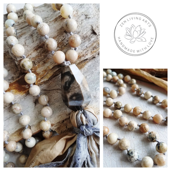 SERENITY. African White Opal & Petrified Wood Gemstone Necklace. Full Mala 108 Beads. Mindful Jewelry.