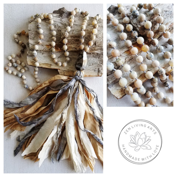 SERENITY. African White Opal & Petrified Wood Gemstone Necklace. Full Mala 108 Beads. Mindful Jewelry.