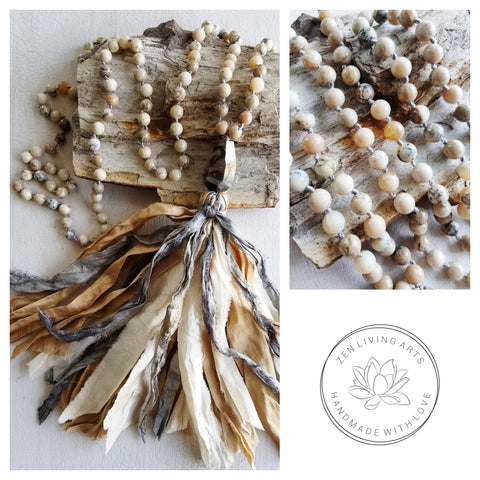 SERENITY. African White Opal & Petrified Wood Gemstone Necklace. Full Mala 108 Beads. Mindful Jewelry.