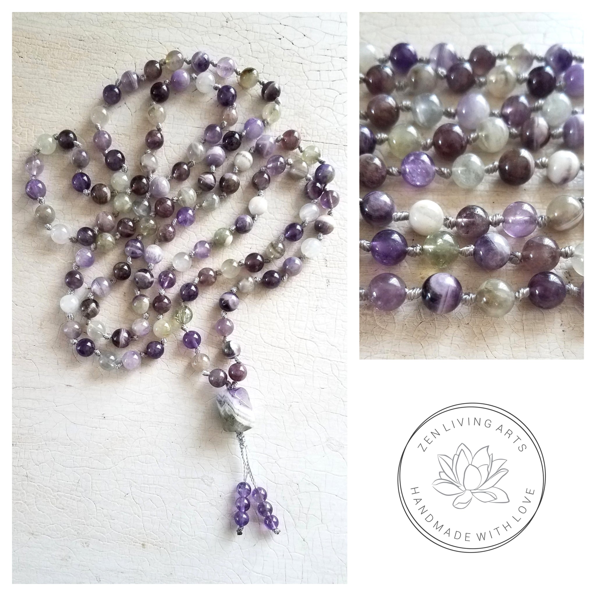 PEACE WITHIN. Chevron Amethyst Quartz Gemstone Necklace. Full Mala 108 Beads. Mindful Jewelry.