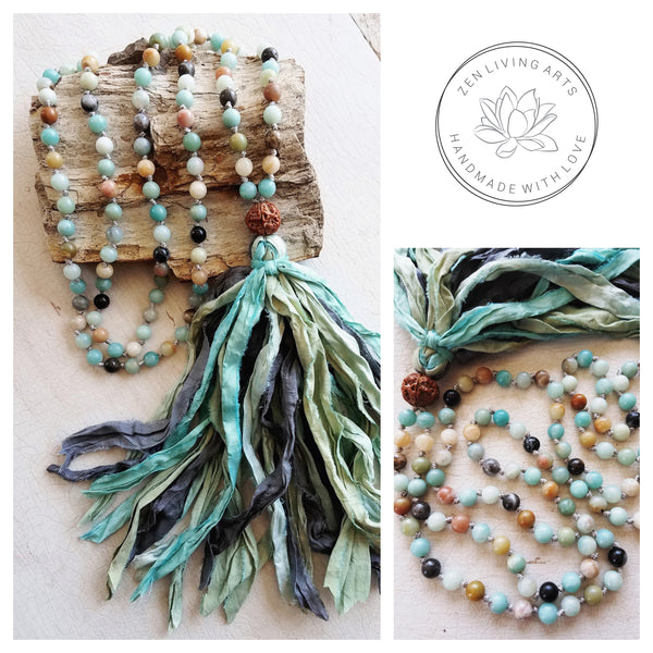 SPEAK YOUR TRUTH. Amazonite & Rudraksha Seed Crystals Gemstones Silk Tassel. Full Mala 108 Prayer Beads. Mindful Meditation.