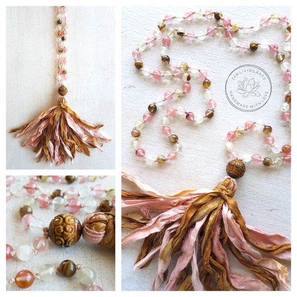 POSITIVE CHANGE. Cherry Quartz & Golden Tiger's Eye Crystals Gemstones Silk Tassel. Full Mala 108 Prayer Beads. Mindfulness & Meditation.
